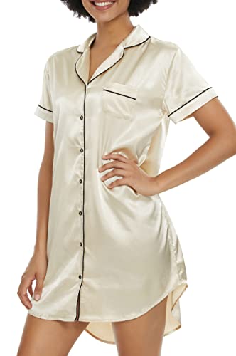 Alcea Rosea Damen Nightshirt Boyfriend Style Nachthemd Kurzarm Satin Nachthemd Loungewear für Frauen S-XXL (Gold Champagner, S) von Alcea Rosea