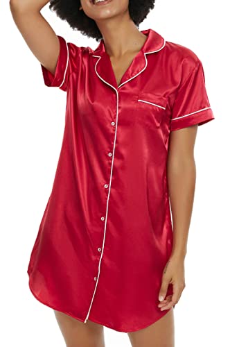 Alcea Rosea Damen Nightshirt Boyfriend Style Nachthemd Kurzarm Satin Nachthemd Loungewear für Frauen S-XXL (Wassermelonenrot, S) von Alcea Rosea