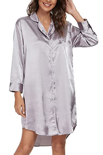 Alcea Rosea Damen Satin Nachthemd 3/4 Ärmeln Boyfriend Style Schlafshirt mit Knöpfe Nachtwäsche Sleepwear S-XXL (Grau, M) von Alcea Rosea