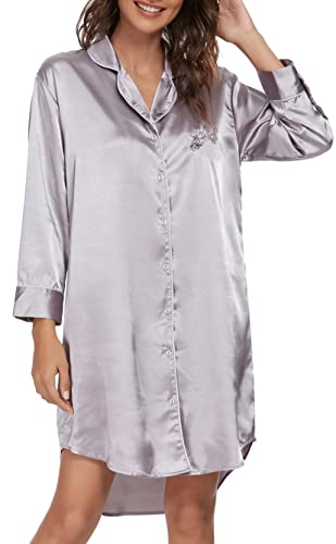 Alcea Rosea Damen Nightshirt Langarm Boyfriend Style Nachthemd Satin Schlafshirt Loungewear Nachtwäsche Sleepwear Kleid S-XXL (Grau,S) von Alcea Rosea