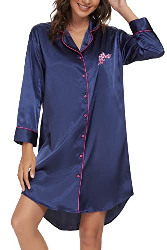 Alcea Rosea Damen Satin Nachthemd 3/4 Ärmeln Boyfriend Style Schlafshirt mit Knöpfe Nachtwäsche Sleepwear S-XXL (Navy, 2XL) von Alcea Rosea