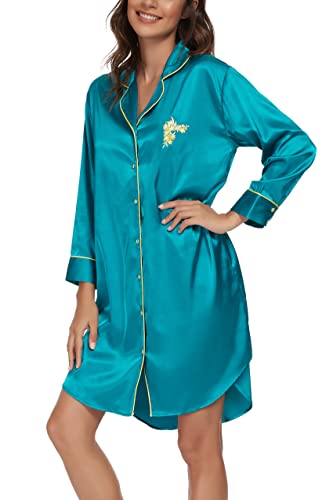 Alcea Rosea Damen Satin Nachthemd 3/4 Ärmeln Boyfriend Style Schlafshirt mit Knöpfe Nachtwäsche Sleepwear S-XXL (Peacock Green, L) von Alcea Rosea