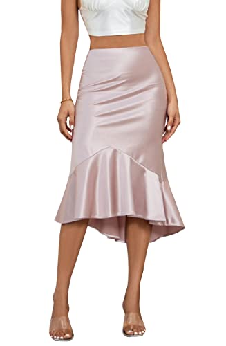 Alcea Rosea Damen Rock Lang Hohe Taille Basic Fishtail Seidiger Satinrock Bleistiftrock Party Cutting Sommerrock S-XXXL (Satin Rose Rosa, M) von Alcea Rosea