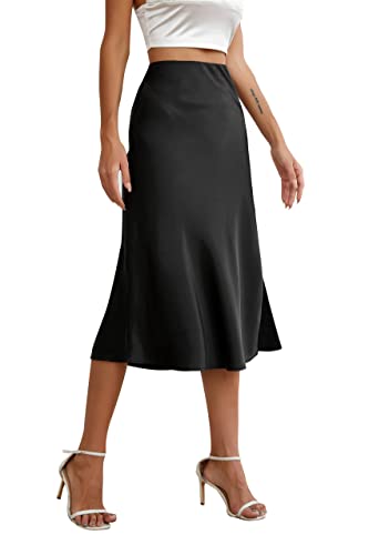 Alcea Rosea Damen Rock Satin seitenschlitz Rock figurbetont Elastische Taille Bleistiftrock Sommerrock S-XXL (Schwarz, M) von Alcea Rosea