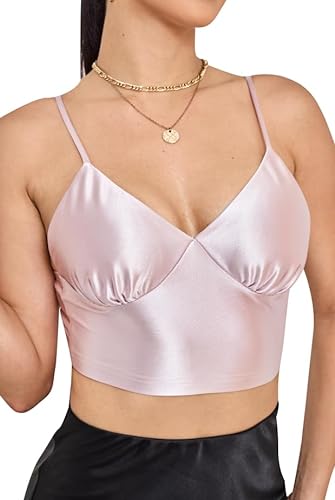 Alcea Rosea Damen Satin Crop Top Sexy kurz Tanktop mit V-Ausschnitt Spaghetti Korsett Y2k Sommer Tops (Pink, L) von Alcea Rosea