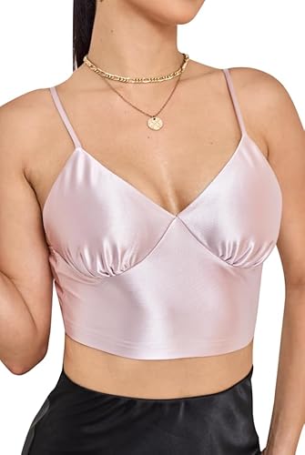 Alcea Rosea Damen Satin Crop Top Sexy kurz Tanktop mit V-Ausschnitt Spaghetti Korsett Y2k Sommer Tops (Pink, L) von Alcea Rosea