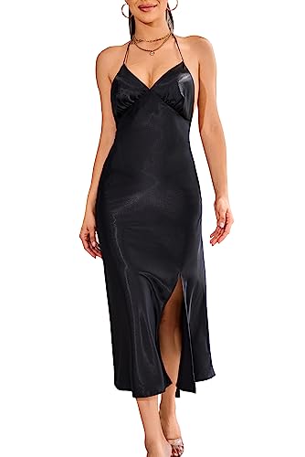 Alcea Rosea Damen Satin Kleid Mit Schlitz Abendkleider Rückenfreies Partykleid V Ausschnitt ärmellose Cocktailkleid Sexy Seidenkleid(Schwarz,S) von Alcea Rosea