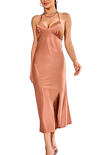 Alcea Rosea Damen Satin Kleid Mit Schlitz Abendkleider Rückenfreies Partykleid V Ausschnitt ärmellose Cocktailkleid Sexy Seidenkleid ((Rose Rosa, XL) von Alcea Rosea