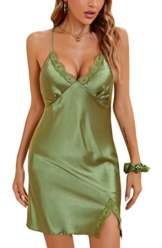 Alcea Rosea Damen Satin Nachthemd Seide Spitze Chemise Nachthemd Sexy Schlaf Slip Kleid Negligee für Damen Nightie Braut S-XXXL (Ermüdung, L) von Alcea Rosea