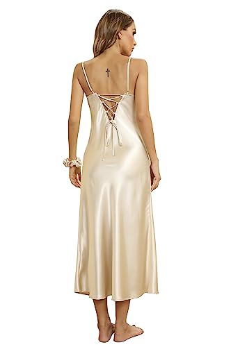 Alcea Rosea Damen Satin Nachthemd Sexy V-Ausschnitt Ärmellose und Verstellbare Spaghetti-Träger Krawatte Nachtwäsche(X-Champagner, XXXL) von Alcea Rosea