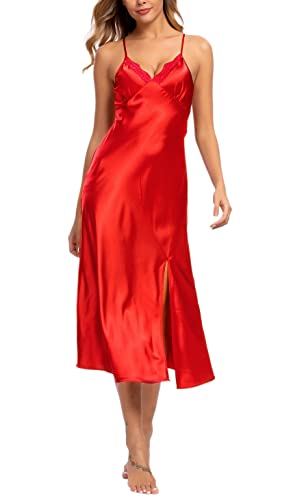 Alcea Rosea Damen Satin Nachthemd Spitze Ärmellose Dessous mit V-Ausschnitt Nachtwäsche Sexy rückenfreie Satin Slip Silk Negligee S-XXXL(Rot,L) von Alcea Rosea