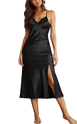 Alcea Rosea Damen Satin Nachthemd Spitze Ärmellose Dessous mit V-Ausschnitt Nachtwäsche Sexy rückenfreie Satin Slip Silk Negligee S-XXXL (Satin schwarz, M) von Alcea Rosea