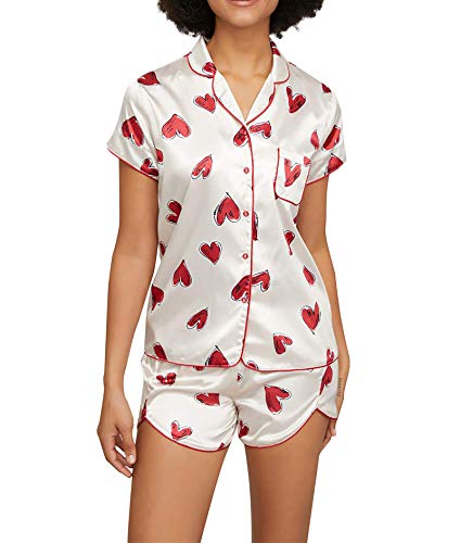 Alcea Rosea Damen Satin Schlafanzug Pyjama Set Kurz Top und Shorts Nachtwäsche Button Down Pjs mit Sleepwear für Sommer S-XXL (Valentinstag, L) von Alcea Rosea