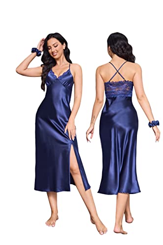 Alcea Rosea Damen Satin Seide Nachthemd Sexy Spitze Nachthemden V Ausschnitt Lang Elegant Satin Nachthemden für Frauen Adiustment Slip Nachtwäsche S-XXXL, marineblau, 38 von Alcea Rosea