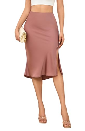 Alcea Rosea Damen Satin Split Rock Taille Elastische Elegante A Line Midi Röcke für Damen AR7301(Dusty Rose, M) von Alcea Rosea