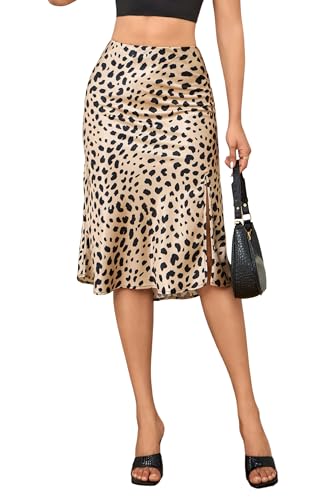 Alcea Rosea Damen Satin Split Rock Taille Elastische Elegante A Line Midi Röcke für Damen AR7301(Leopard, M) von Alcea Rosea