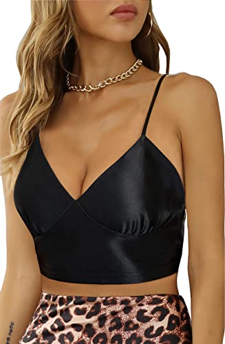 Alcea Rosea Damen Satin Crop Top Sexy kurz Tanktop mit V-Ausschnitt Spaghetti Korsett Y2k Sommer Tops(Schwarz, L) von Alcea Rosea