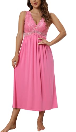 Alcea Rosea Damen Spitze Nachthemd Lang Sexy V Ausschnitt Nachtwäsche ärmelloses Negligee Elegante S-XXXL(Leuchtend rosa,XL) von Alcea Rosea