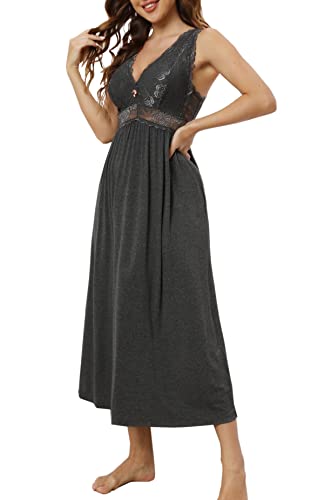 Alcea Rosea Damen Schlafwäsche Langes Nachthemd mit Spitze V Ausschnitt ärmellos Elegante Nachtwäsche Negligé S-XXXL (Dunkelgrau01, L) von Alcea Rosea