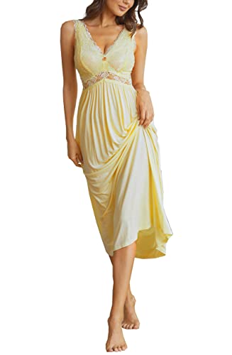 Alcea Rosea Damen Schlafwäsche Langes Nachthemd mit Spitze V Ausschnitt ärmellos Elegante Nachtwäsche Negligé S-XXXL (Hell gelb, M) von Alcea Rosea