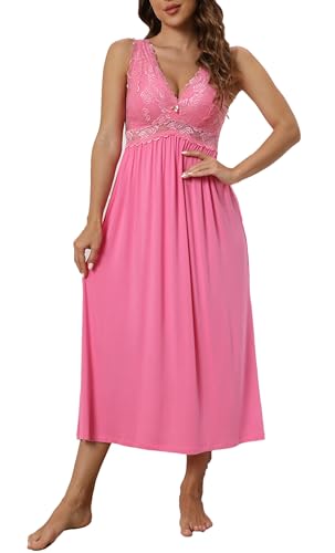 Alcea Rosea Damen Schlafwäsche Langes Nachthemd mit Spitze V Ausschnitt ärmellos Elegante Nachtwäsche Negligé S-XXXL (Leuchtend rosa, XXL) von Alcea Rosea