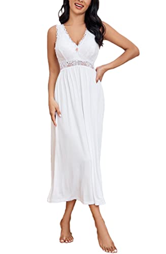 Alcea Rosea Damen Schlafwäsche Langes Nachthemd mit Spitze V Ausschnitt ärmellos Elegante Nachtwäsche Negligé S-XXXL (Weiß, XL)… von Alcea Rosea