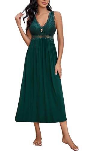 Alcea Rosea Damen Schlafwäsche Nachthemd mit Spitze V Ausschnitt ärmellos Elegante Nachtwäsche Negligé (Dunkelgrün, L) von Alcea Rosea