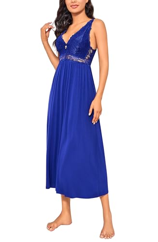 Alcea Rosea Damen Schlafwäsche Nachthemd mit Spitze V Ausschnitt ärmellos Elegante Nachtwäsche Negligé (Königsblau, S) von Alcea Rosea