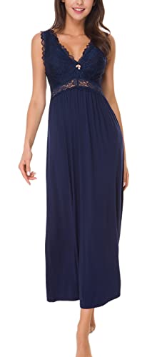 Alcea Rosea Damen Schlafwäsche Langes Nachthemd mit Spitze V Ausschnitt ärmellos Elegante Nachtwäsche Negligé S-XXXL (Marine, 3XL) von Alcea Rosea