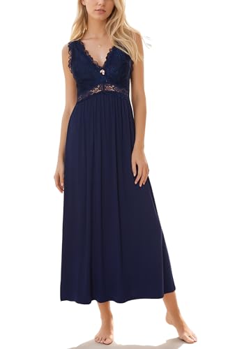 Alcea Rosea Damen Spitze Nachthemd Lang Sexy V Ausschnitt Nachtwäsche ärmelloses Negligee Elegante S-XXXL(Marine,XXXL) von Alcea Rosea