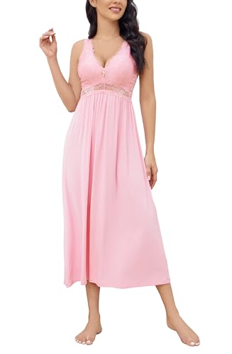 Alcea Rosea Damen Schlafwäsche Nachthemd mit Spitze V Ausschnitt ärmellos Elegante Nachtwäsche Negligé (Pulver, XL) von Alcea Rosea