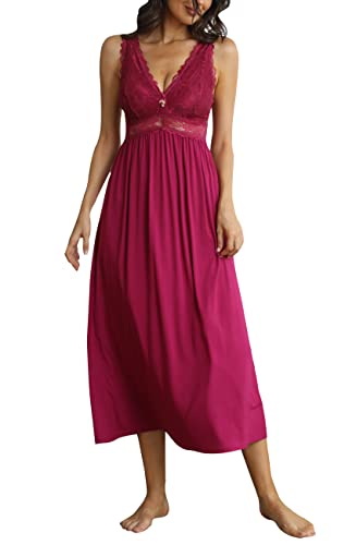 Alcea Rosea Damen Schlafwäsche Nachthemd mit Spitze V Ausschnitt ärmellos Elegante Nachtwäsche Negligé (Rose rot, L) von Alcea Rosea