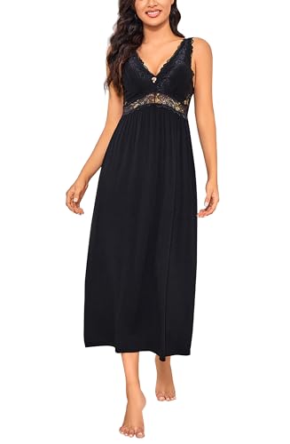 Alcea Rosea Damen Schlafwäsche Nachthemd mit Spitze V Ausschnitt ärmellos Elegante Nachtwäsche Negligé (Schwarz, XXXL) von Alcea Rosea