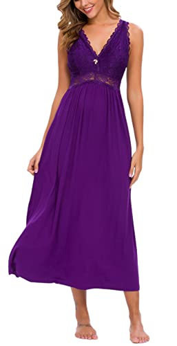 Alcea Rosea Damen Schlafwäsche Nachthemd mit Spitze V Ausschnitt ärmellos Elegante Nachtwäsche Negligé (Tiefpurpurn, S) von Alcea Rosea