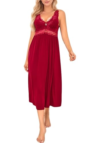 Alcea Rosea Damen Schlafwäsche Nachthemd mit Spitze V Ausschnitt ärmellos Elegante Nachtwäsche Negligé (Weinrot, S) von Alcea Rosea