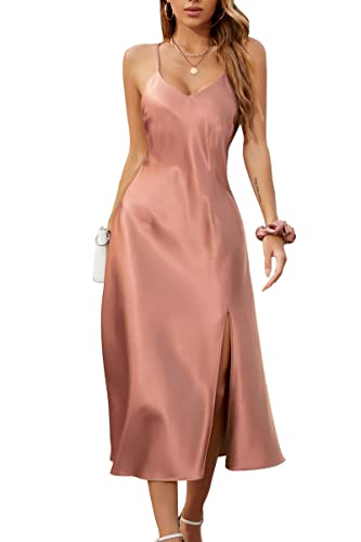 Alcea Rosea Damen Sexy Satin Langes Satin Kleid mit hohen Schlitz rückenfreie Spaghettiträger Cocktail Abendkleid Party Punkt Leopard Midi Kleider (Rose Rosa, M) von Alcea Rosea