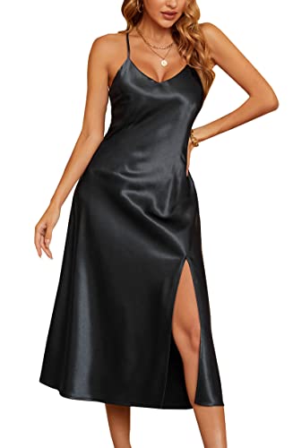 Alcea Rosea Damen Sexy Satin Langes Satin Kleid mit hohen Schlitz rückenfreie Spaghettiträger Cocktail Abendkleid Party Punkt Leopard Midi Kleider (Schwarz, M) von Alcea Rosea