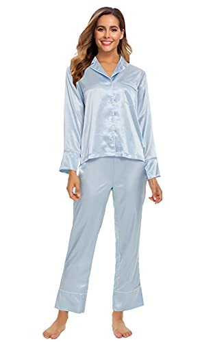 Alcea Rosea Damen Silky Satin Pyjamas Set Nachtwäsche Loungewear Lange Ärmel und Button Down S-XXL (Mondblau, M) von Alcea Rosea