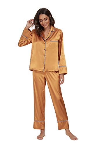 Alcea Rosea Damen Silky Satin Pyjamas Set Nachtwäsche Loungewear Lange Ärmel und Button Down S-XXL (Reiches Gold, XL) von Alcea Rosea