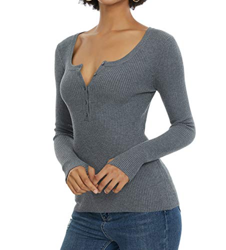 Alcea Rosea Damen Strickpullover V-Ausschnitt Pullover Langarm Slim Fit mit Daumenloch Oberteile Tops S-XL (grau, Large) von Alcea Rosea