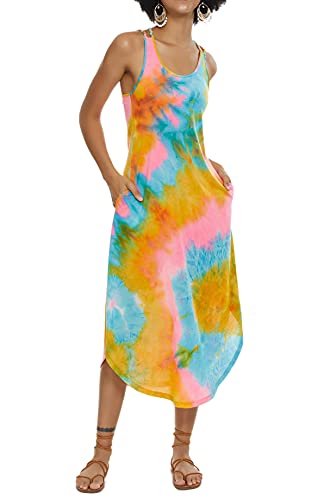 Alcea Rosea Damen Tie Dye Nachthemd Ärmellos Lang Sleepshirt Lose Fit Nachtwäsche mit Taschen S-XXL (Fantasie, XL) von Alcea Rosea