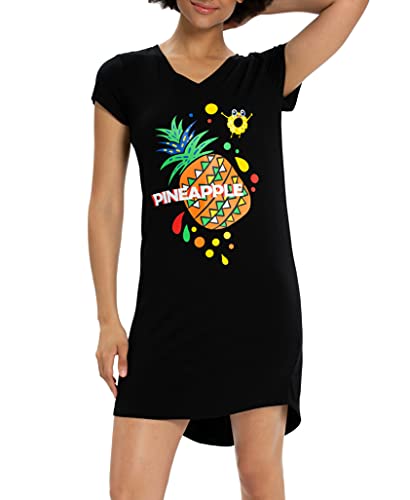 Alcea Rosea Damen V-Ausschnitt Nachthemd Schlafshirt kurz Nightshirt Kurzarm Obst Printed Nachtwäsche S-XXL(Ananas, XXL) von Alcea Rosea