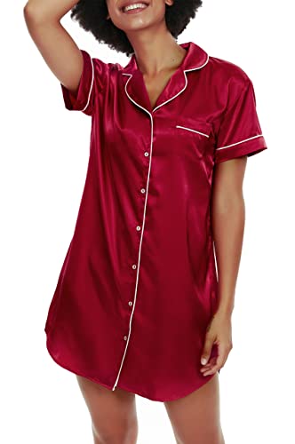 Alcea Rosea Frauen Boyfriend Style Kurzarm Seide wie Satin Nachtwäsche Langes Schlafhemd Loungewear Seidenschlafhemd, XL, Burgund von Alcea Rosea