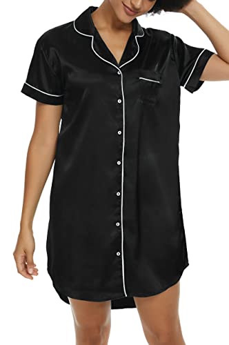 Alcea Rosea Frauen Boyfriend Style Kurzarm Seide wie Satin Nachtwäsche Langes Schlafhemd Loungewear Seidenschlafhemd, XXL, Schwarz von Alcea Rosea