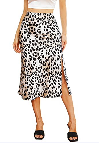 Alcea Rosea Women Satin Split Side Midi Skirt Elastic Waist Fishtail Silky Skirt Work Party Pencil Bias Cutting Skirt(Leopard, S) von Alcea Rosea