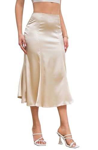 Alcea Rosea Womens Satin Midi Rock Seide Basic Röcke Casual Sommer täglich Rock S-3XL(Champagne, XL) von Alcea Rosea