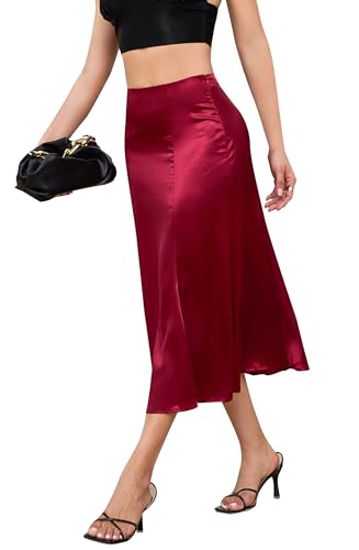 Alcea Rosea Womens Satin Midi Rock Seide Basic Röcke Casual Sommer täglich Rock S-3XL(Burgund, 2XL) von Alcea Rosea