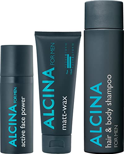 ALCINA For Men - hair & body shampoo 250 ml, matt-wax 75 ml und active face power 50 ml - Das Set für Männer - Hochwertige Gesichtspflege und Haarstyling von Alcina
