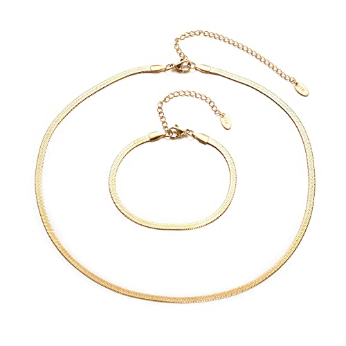 Aleasha 2 Stück 18 Karat Vergoldet Schlangenkette Armband Set Damen Edelstahl FischgräTen Halskette Schmuck Geschenk von Aleasha