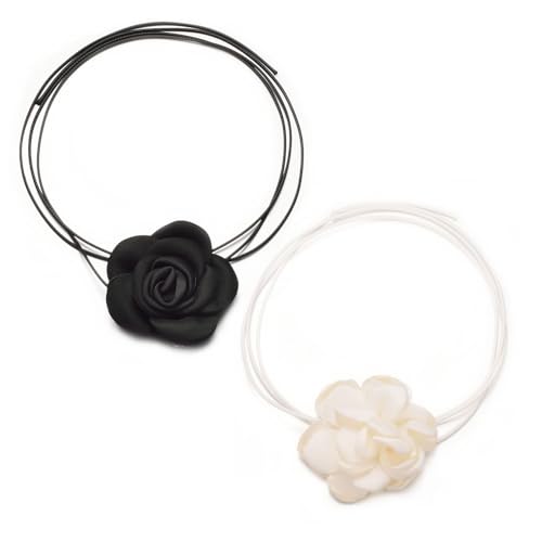 Aleasha 2 stücke Rosenkette Set Schwarz Lederband Weiß Blumen Choker Kette Damen Schmuck von Aleasha